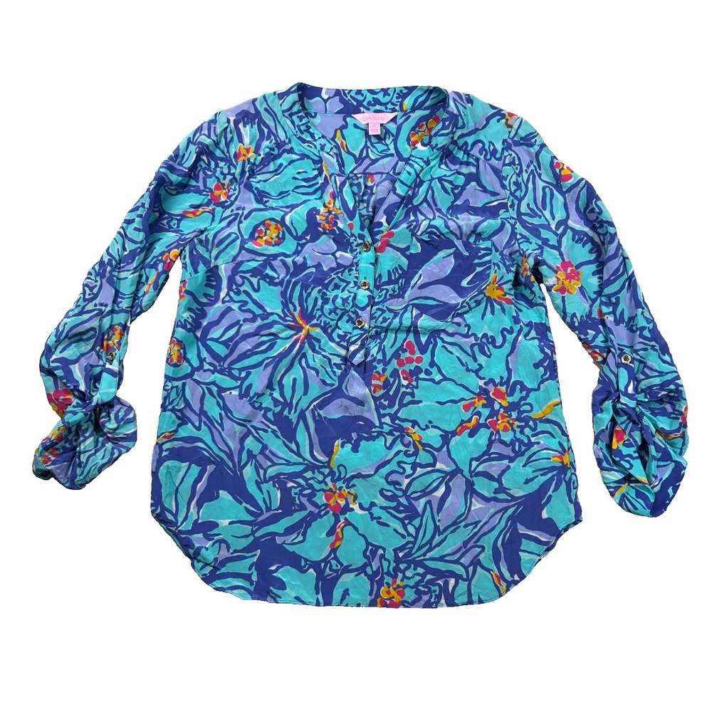 Lilly Pulitzer Top Womens M 100% Silk Floral Roll Sleeve V Neck Blouse Tunic
